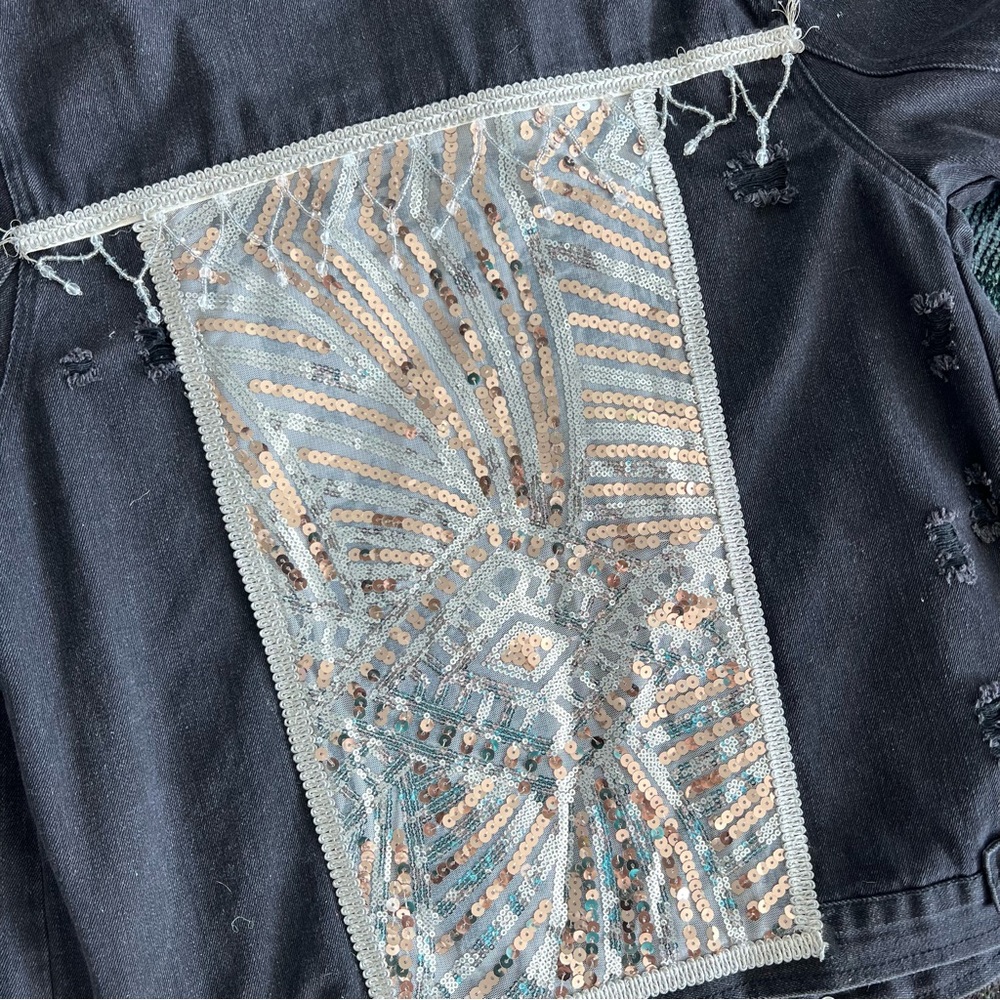 Custom Sequin Jean Jacket, Black With Fringe - image 4